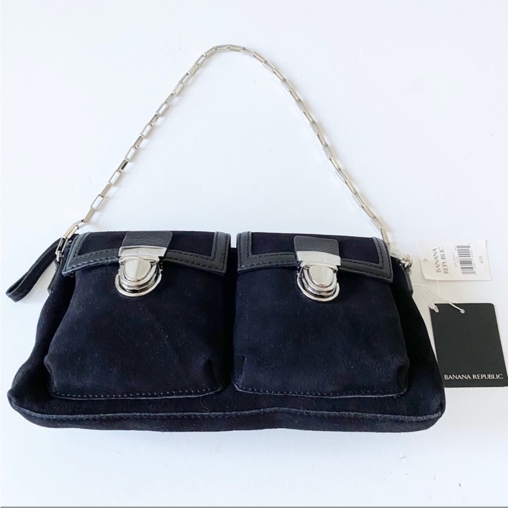 NWT Banana Republic Black Suede Purse Handbag with Silver Details Front Pockets - Picture 15 of 15